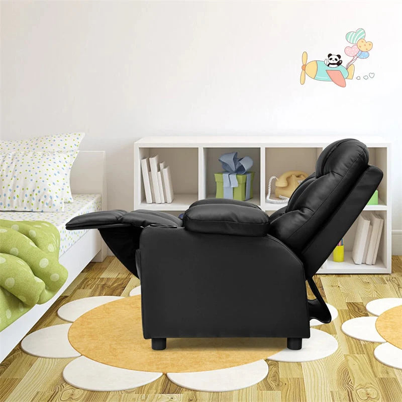 Kids Recliner Chair PU Leather Adjustable Lounge Sofa with Cup Holder. 3 Pockets & Retractable Footrest. Ergonomic Toddler Furniture Sofa