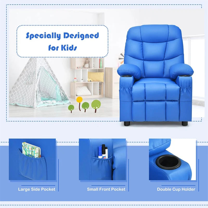 Kids Recliner Chair PU Leather Adjustable Lounge Sofa with Cup Holder. 3 Pockets & Retractable Footrest. Ergonomic Toddler Furniture Sofa