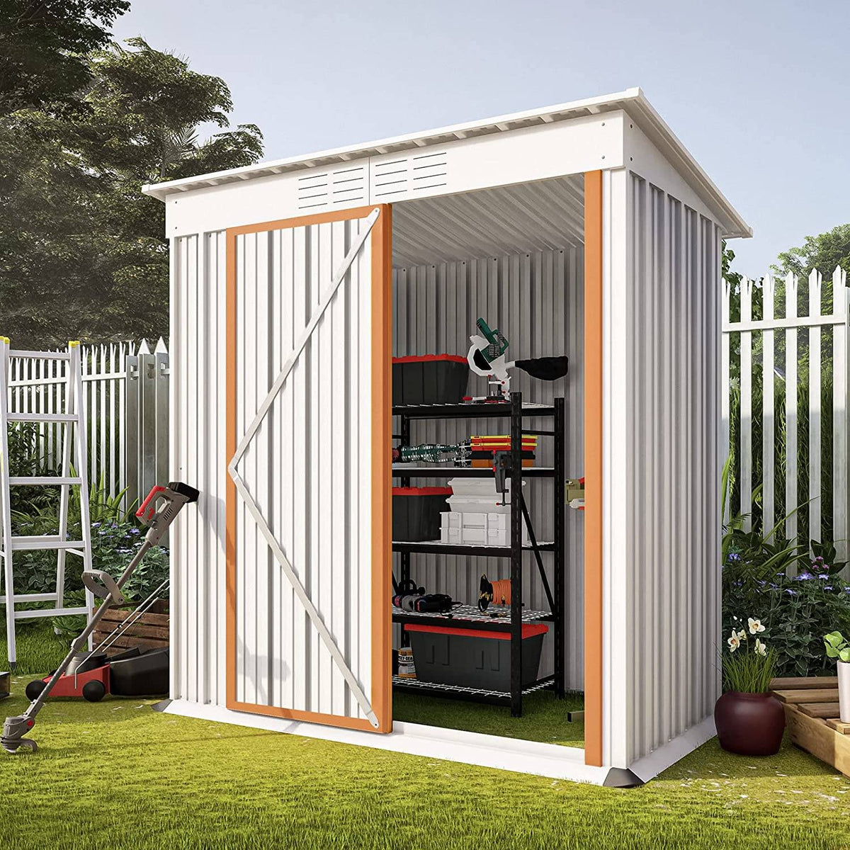 WIILAYOK 5 x 3 ft Outdoor Storage Shed. Galvanized Metal Garden Shed. Tool Storage Shed with Lockable Door. Patio Lawn Backyard Trash Can