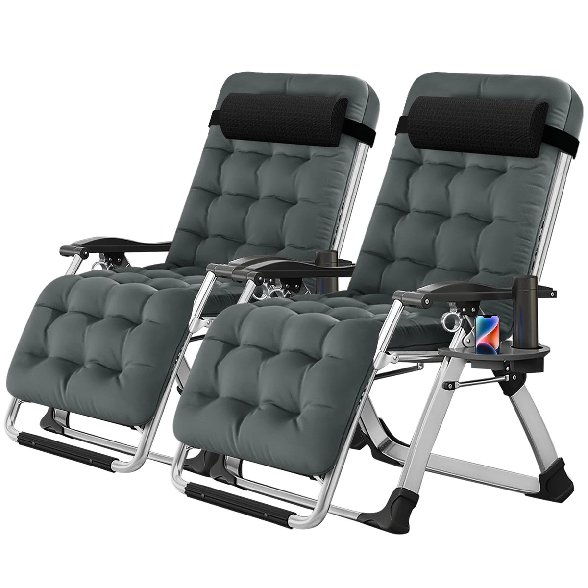 NAIZEA 2 Pack Zero Gravity Chair. Foldable Portable Lawn Recliner with Cushion. Headrest. Cup Holder. Black