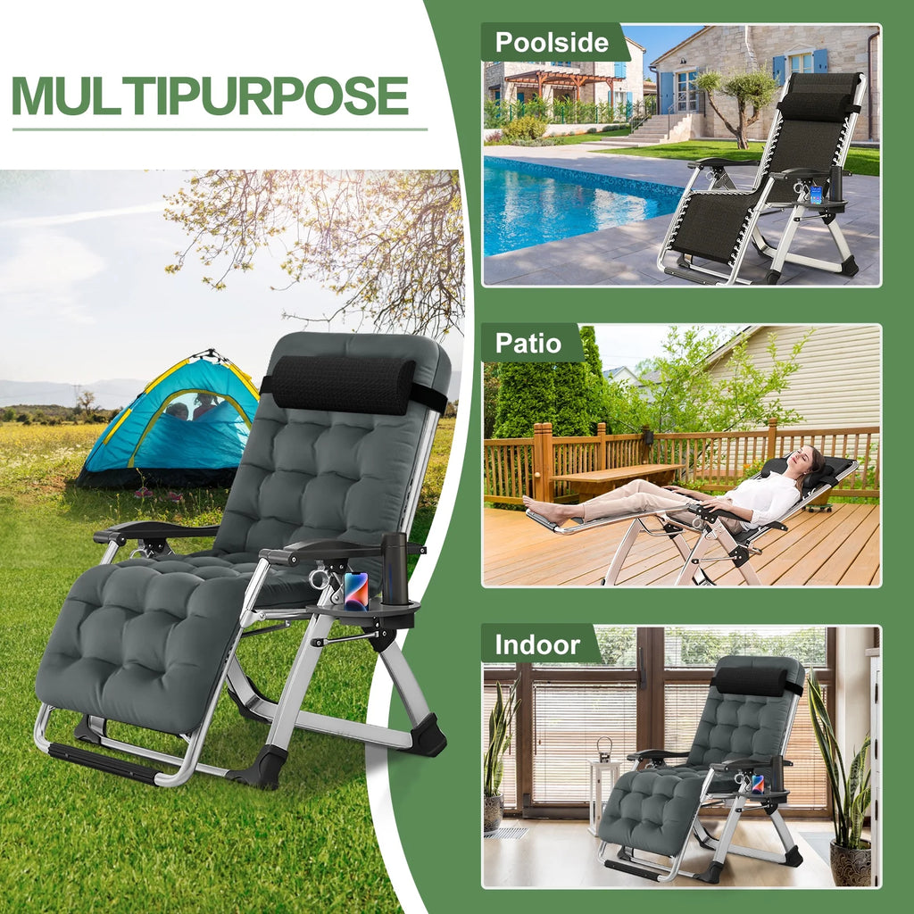 NAIZEA 2 Pack Zero Gravity Chair. Foldable Portable Lawn Recliner with Cushion. Headrest. Cup Holder. Black
