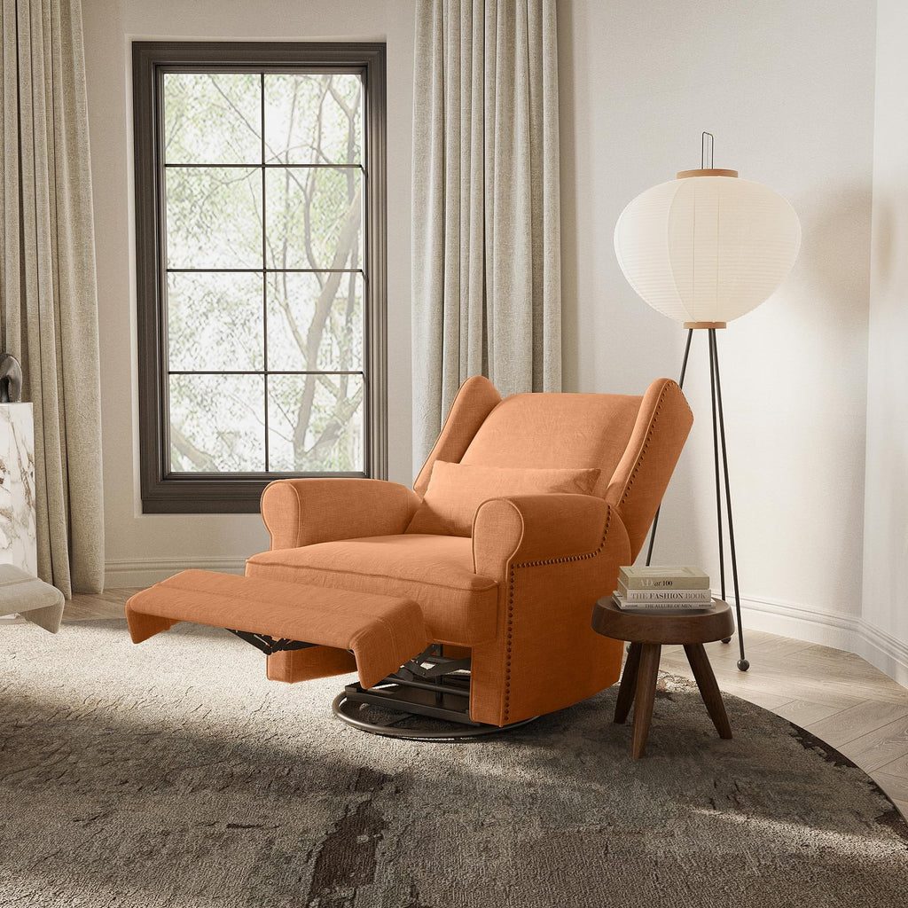 Royalcraft Swivel Nursery Glider Recliner. Comfy Upholstered Glider Chair with Lumbar Pillow and Footrest. Beige