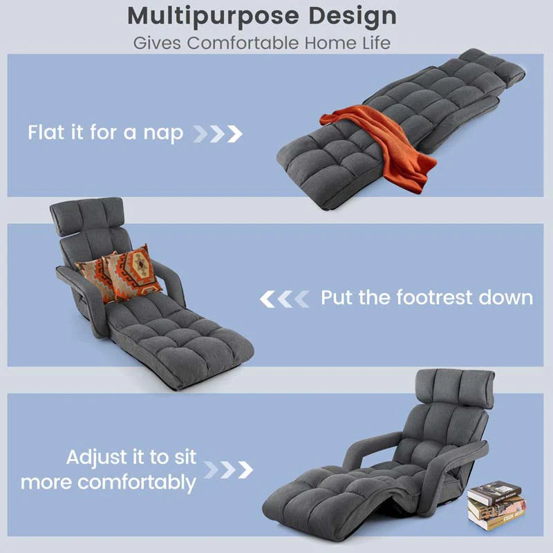 6-Position Adjustable Floor Sofa Bed. Folding Lazy Sofa Chaise Lounger Recliner with Armrests & Footrests for Living Room. Bedroom & Gaming