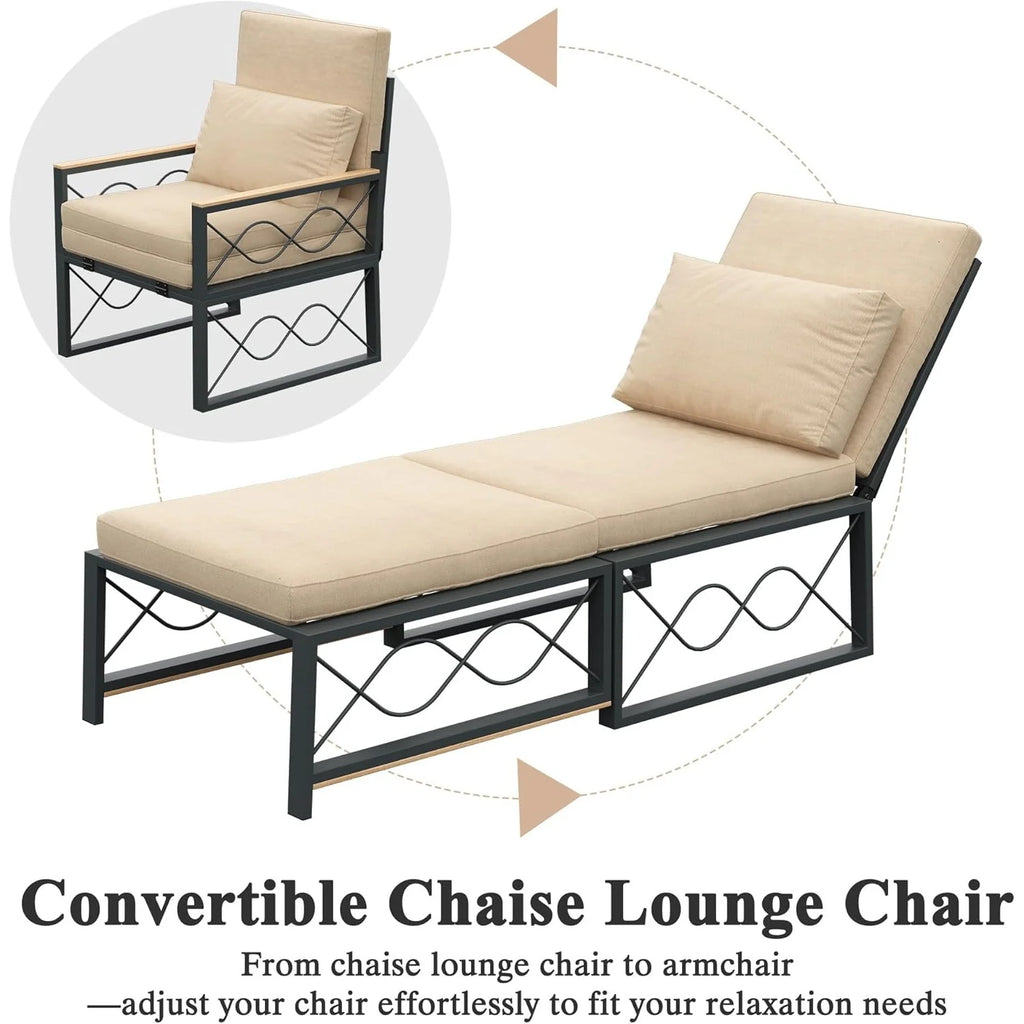AECOJOY Outdoor Metal Chaise Lounge Chair. Convertible Patio Armchair with Cushions. Adjustable 5-Position Recliner