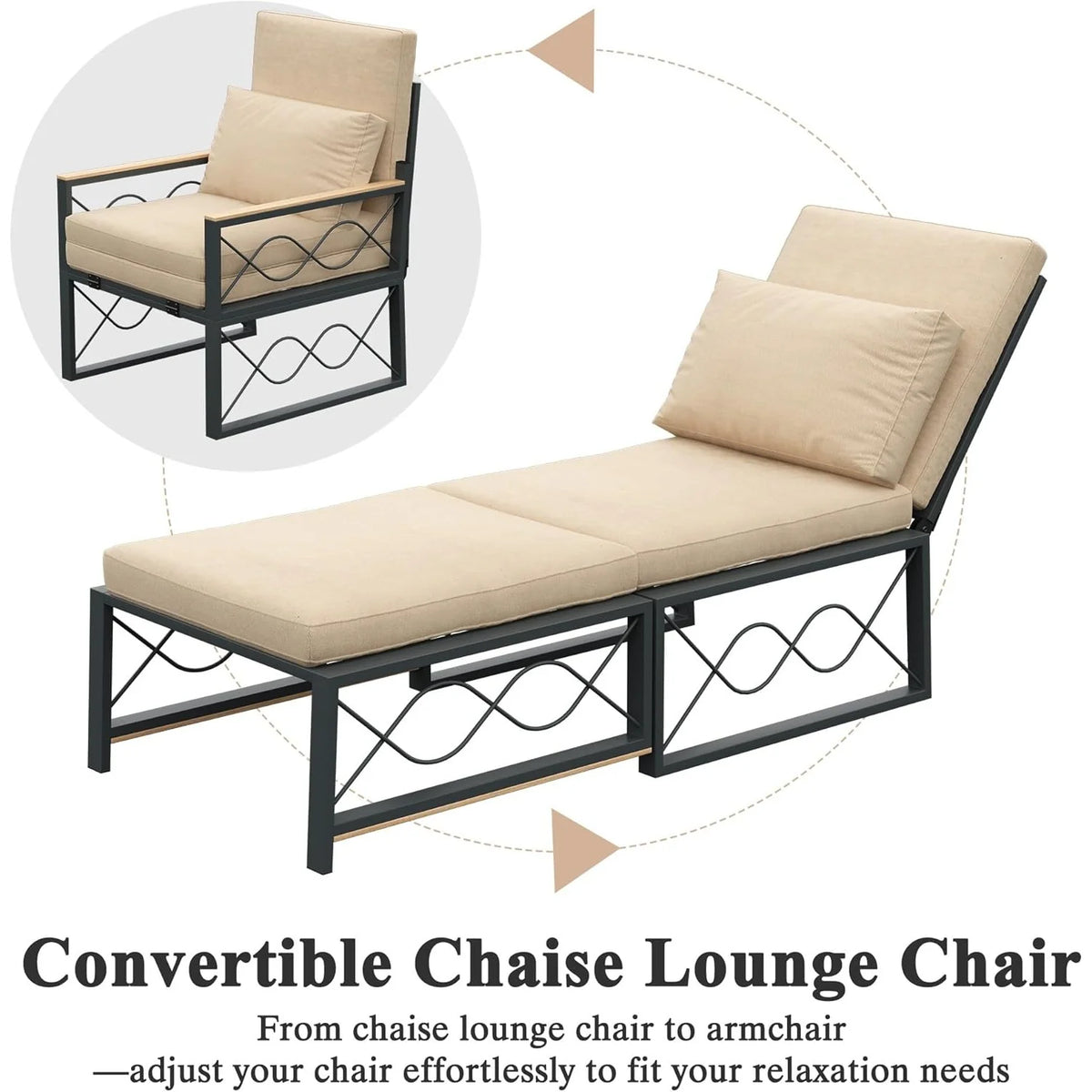 AECOJOY Outdoor Metal Chaise Lounge Chair. Convertible Patio Armchair with Cushions. Adjustable 5-Position Recliner