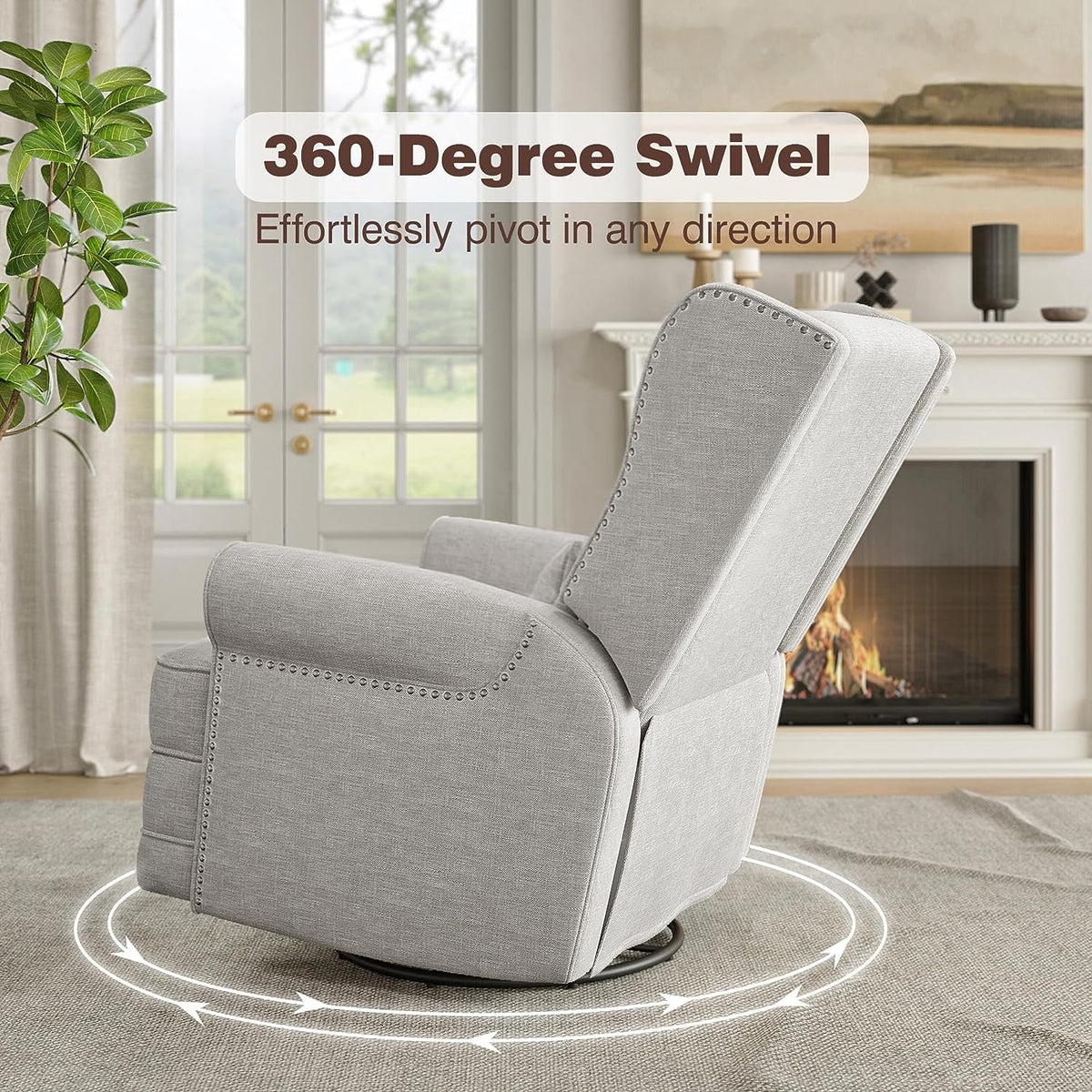 Royalcraft Swivel Nursery Glider Recliner. Comfy Upholstered Glider Chair with Lumbar Pillow and Footrest. Beige