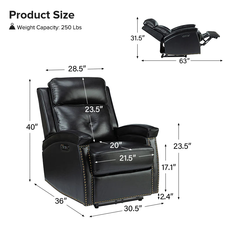 Stefan Genuine Leather Power Recliner with Nailhead Trim