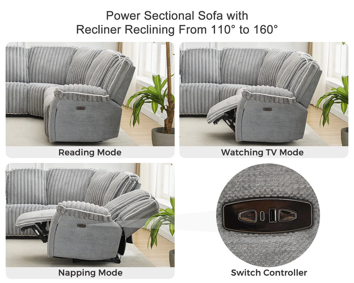 Power Reclining Sectional Sofa with Wireless Charger. 6 - Seater Faux Fur Sectional with Recliners. Hidden Cup Holders. Storage Console. USB & Type - C Ports. Black