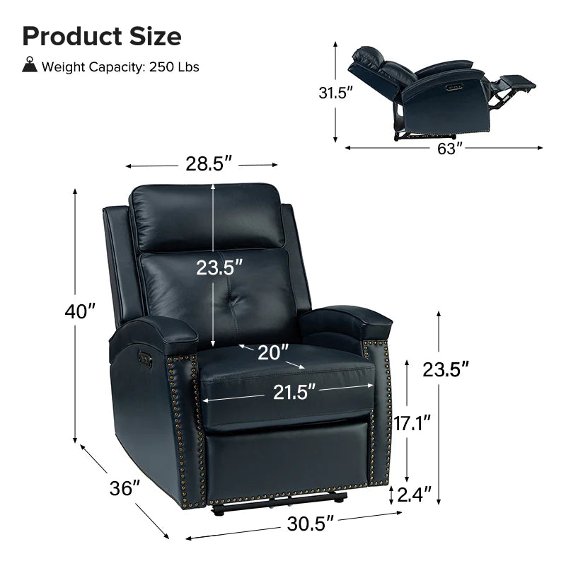 Stefan Genuine Leather Power Recliner with Nailhead Trim