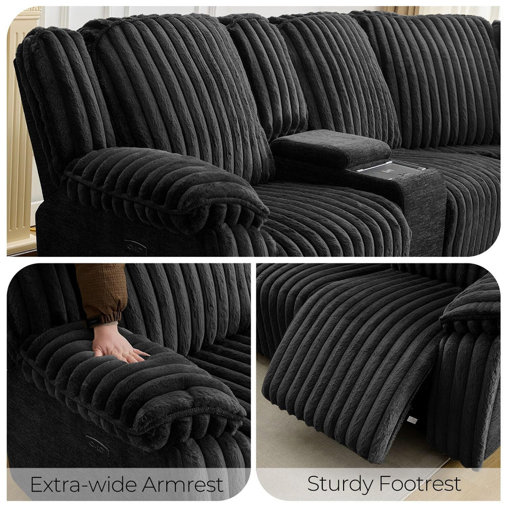 Power Reclining Sectional Sofa with Wireless Charger. 6 - Seater Faux Fur Sectional with Recliners. Hidden Cup Holders. Storage Console. USB & Type - C Ports. Black