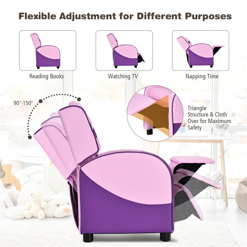 Kids Recliner Chair. Adjustable PU Leather Gaming Sofa with Footrest. Lumbar Support & Side Pockets. Ergonomic Children Lounge Armchair