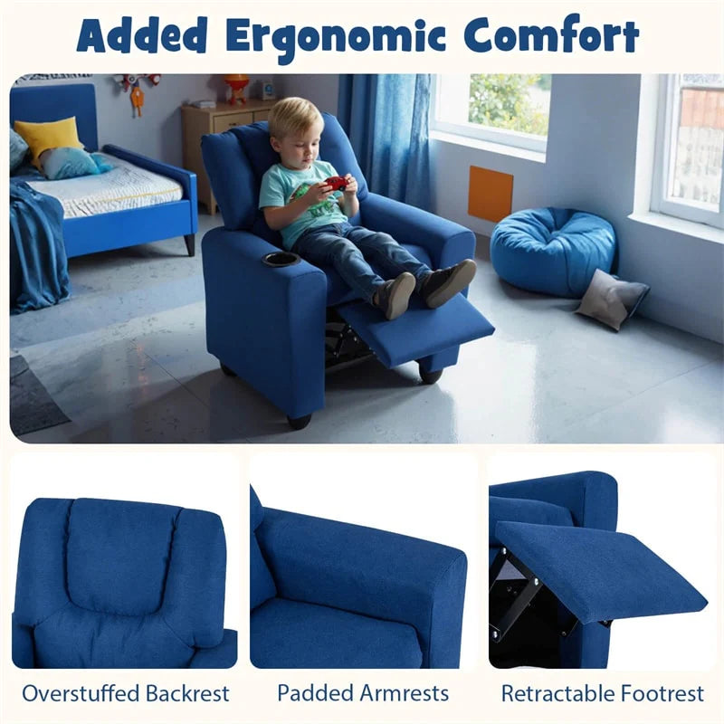 Kids Recliner Chair with Cup Holder & Side Pocket. Adjustable Toddler Lounge Sofa. Ergonomic Children Armchairs for Boys Girls Age 3+. 150lbs