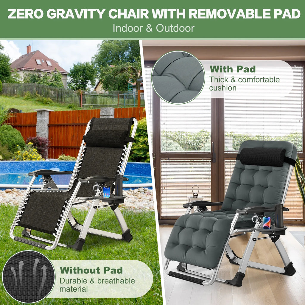 NAIZEA 2 Pack Zero Gravity Chair. Foldable Portable Lawn Recliner with Cushion. Headrest. Cup Holder. Black