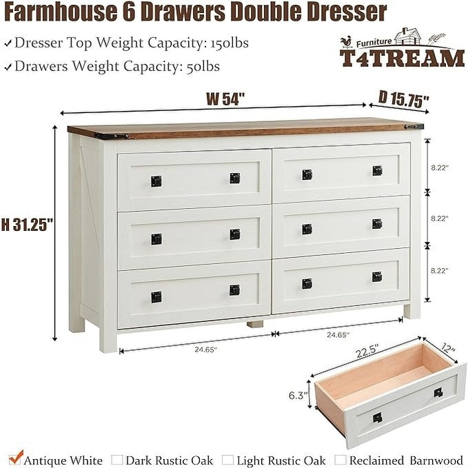 Farmhouse 6 Drawer Dresser. Wood TV Stand. Chest of Drawers