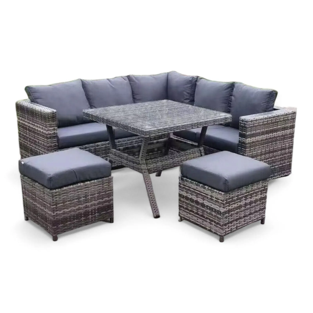 Wooden Twist Terrace Modular Design Weather Resistant Wicker Conversation Rattan & Steel 5 Pieces Outdoor Furniture Set With Six Cushions