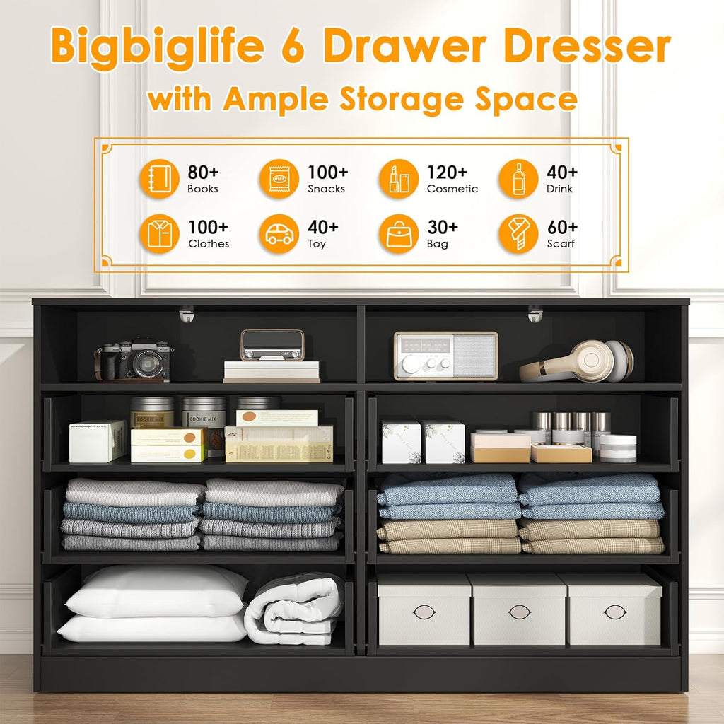 Bigbiglife Wood Dresser for Bedroom. 6 Drawer Double Dresser. Modern Chest of Drawers with Deep Drawers. Large Storage Organizer for Living Room. Closet