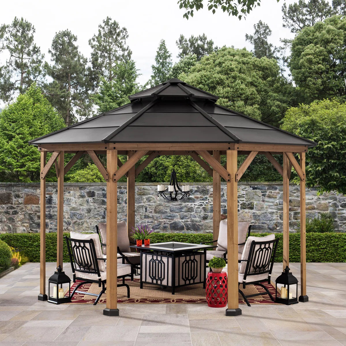 Sunjoy 13 x 13 ft. Cedar Framed Octagon Wood Gazebo with Double Tiered Steel Hardtop Roof and Ceiling Hook for Garden. Backyard Shade