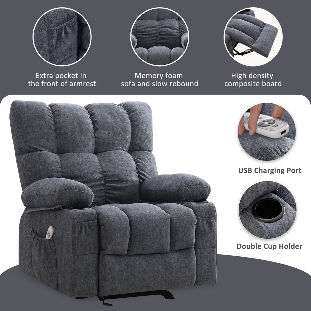 JONPONY Manual Recliner Chair with Heat Therapy and Massage Function. Heavy Duty Reclining Mechanism Massage Chair. Elderly Single Rocker Sofa with Cup Holders for Bedroom Home Theater. Grey