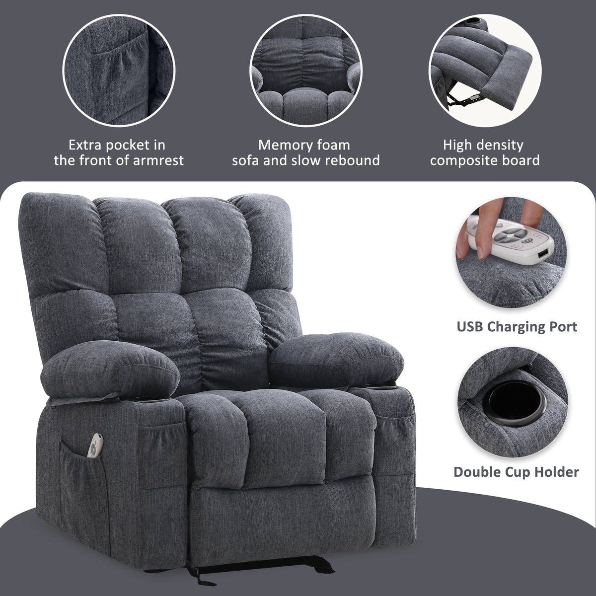 JONPONY Manual Recliner Chair with Heat Therapy and Massage Function. Heavy Duty Reclining Mechanism Massage Chair. Elderly Single Rocker Sofa with Cup Holders for Bedroom Home Theater. Grey