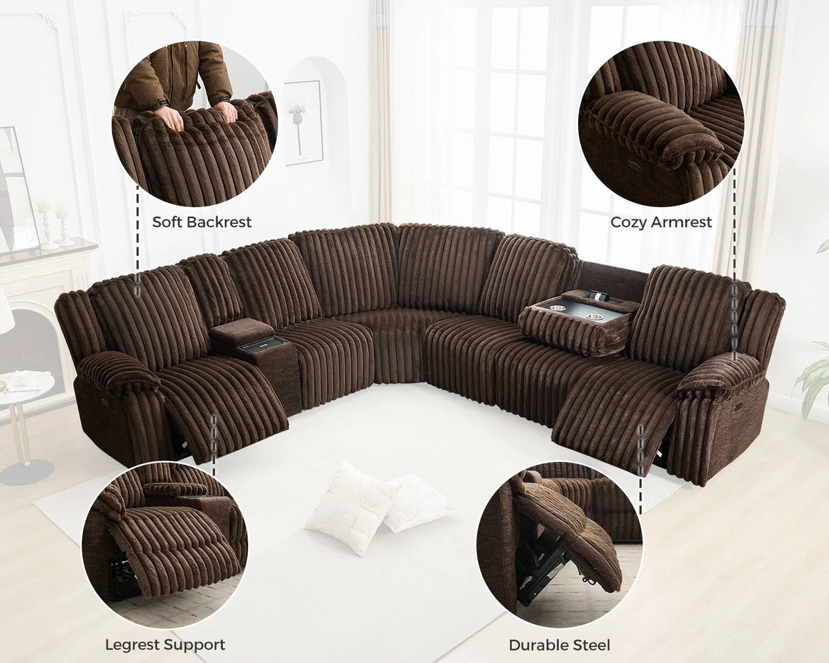 Power Reclining Sectional Sofa with Wireless Charger. 6 - Seater Faux Fur Sectional with Recliners. Hidden Cup Holders. Storage Console. USB & Type - C Ports. Black