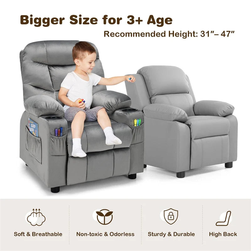 Kids Recliner Chair Adjustable Velvet Lounge Sofa with Cup Holders. 3 Pockets. Retractable Footrest. Toddler Furniture Sofa for Boys Girls Room