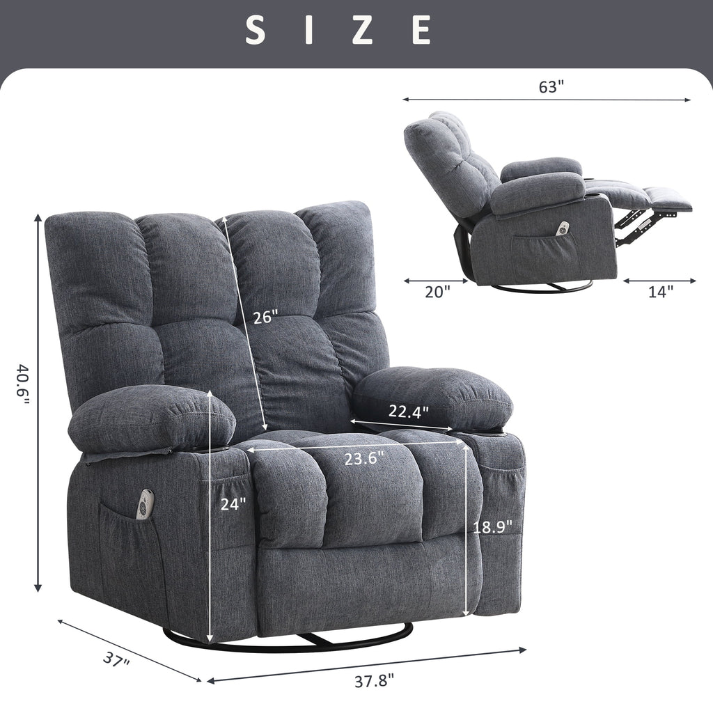 JONPONY Manual Recliner Chair with Heat Therapy and Massage Function. Heavy Duty Reclining Mechanism Massage Chair. Elderly Single Rocker Sofa with Cup Holders for Bedroom Home Theater. Grey