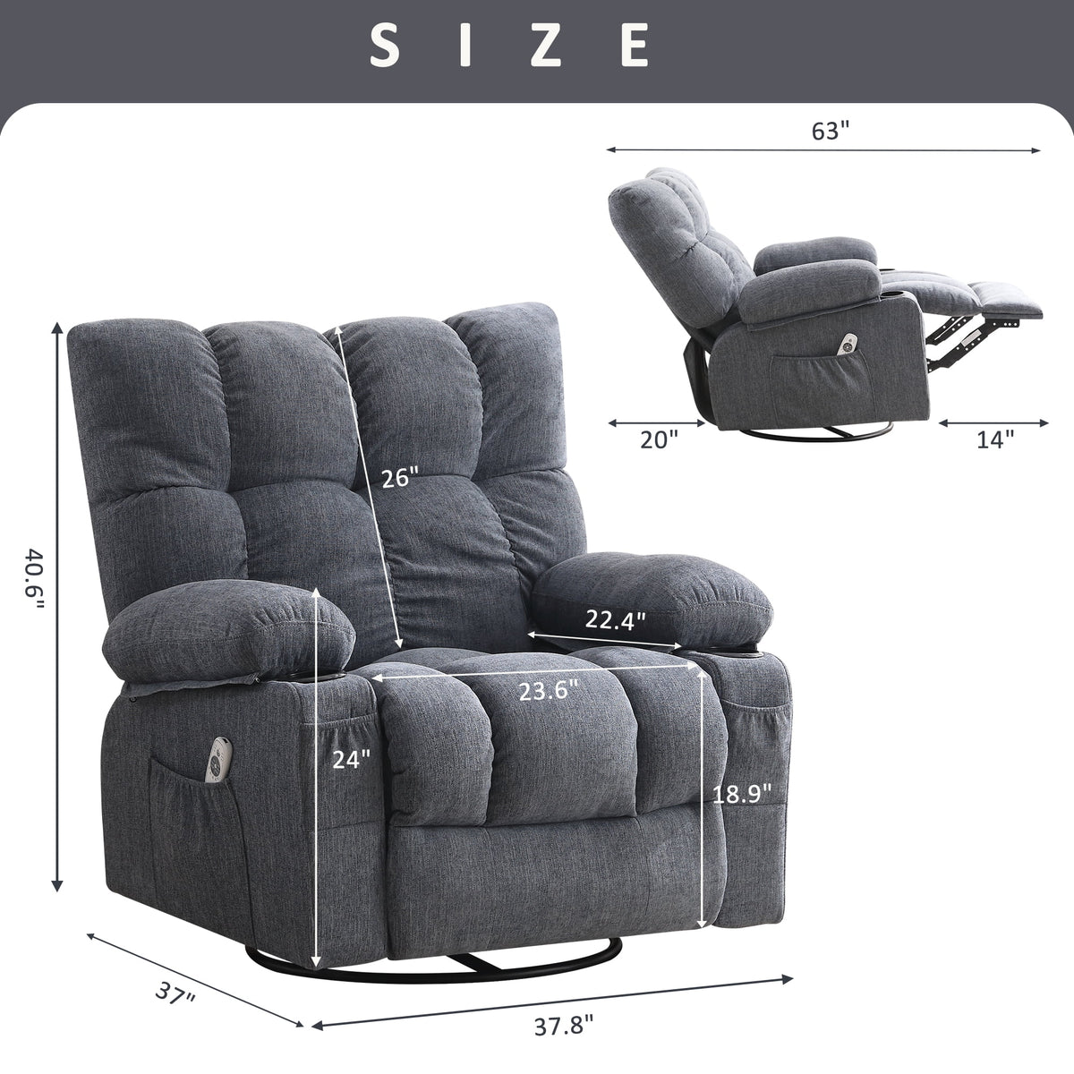 JONPONY Manual Recliner Chair with Heat Therapy and Massage Function. Heavy Duty Reclining Mechanism Massage Chair. Elderly Single Rocker Sofa with Cup Holders for Bedroom Home Theater. Grey