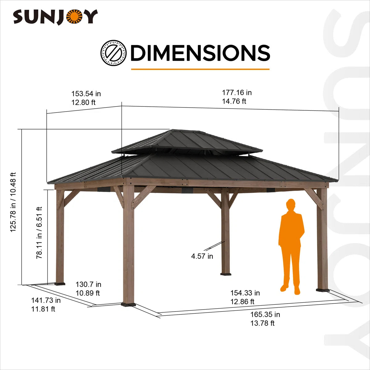 Sunjoy 13 x 15 ft. Wood Gazebo. Outdoor Patio Steel Hardtop Gazebo. Cedar Framed Wooden Gazebo with 2-Tier Metal Roof. Suitable for Patios. Lawn and Backyard