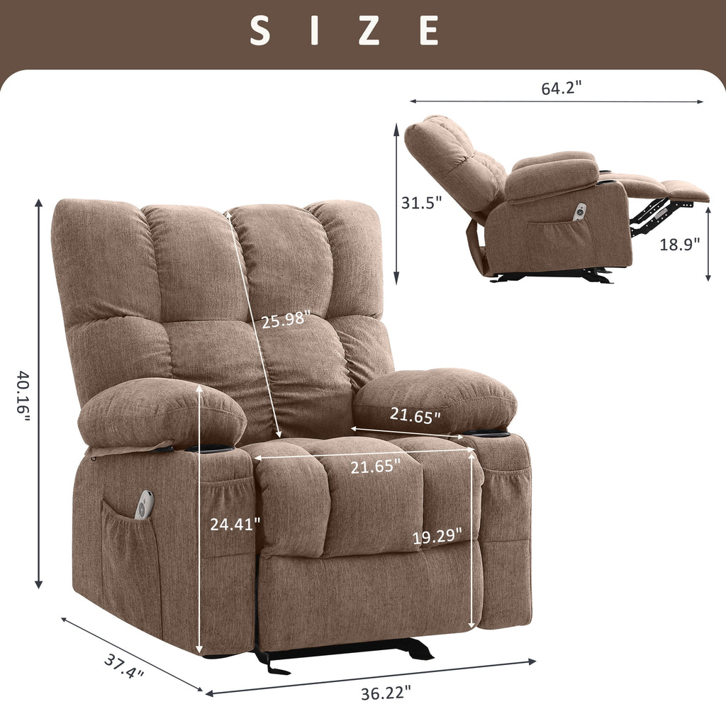 JONPONY Manual Recliner Chair with Heat Therapy and Massage Function. Heavy Duty Reclining Mechanism Massage Chair. Elderly Single Rocker Sofa with Cup Holders for Bedroom Home Theater. Grey
