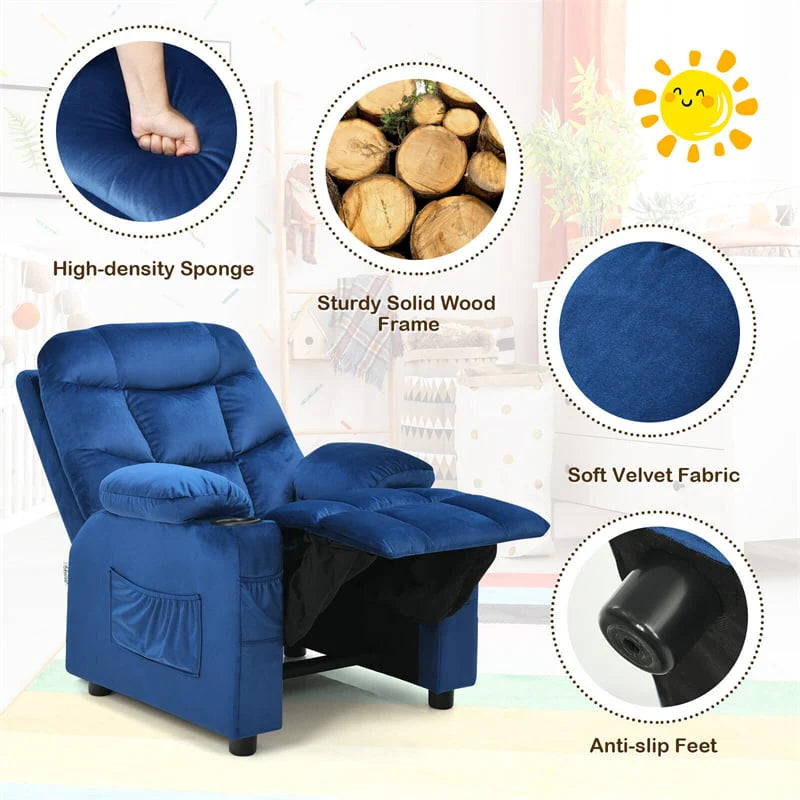 Kids Recliner Chair Adjustable Velvet Lounge Sofa with Cup Holders. 3 Pockets. Retractable Footrest. Toddler Furniture Sofa for Boys Girls Room
