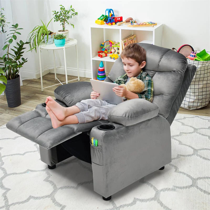 Kids Recliner Chair Adjustable Velvet Lounge Sofa with Cup Holders. 3 Pockets. Retractable Footrest. Toddler Furniture Sofa for Boys Girls Room