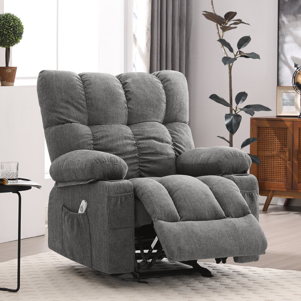 JONPONY Manual Recliner Chair with Heat Therapy and Massage Function. Heavy Duty Reclining Mechanism Massage Chair. Elderly Single Rocker Sofa with Cup Holders for Bedroom Home Theater. Grey