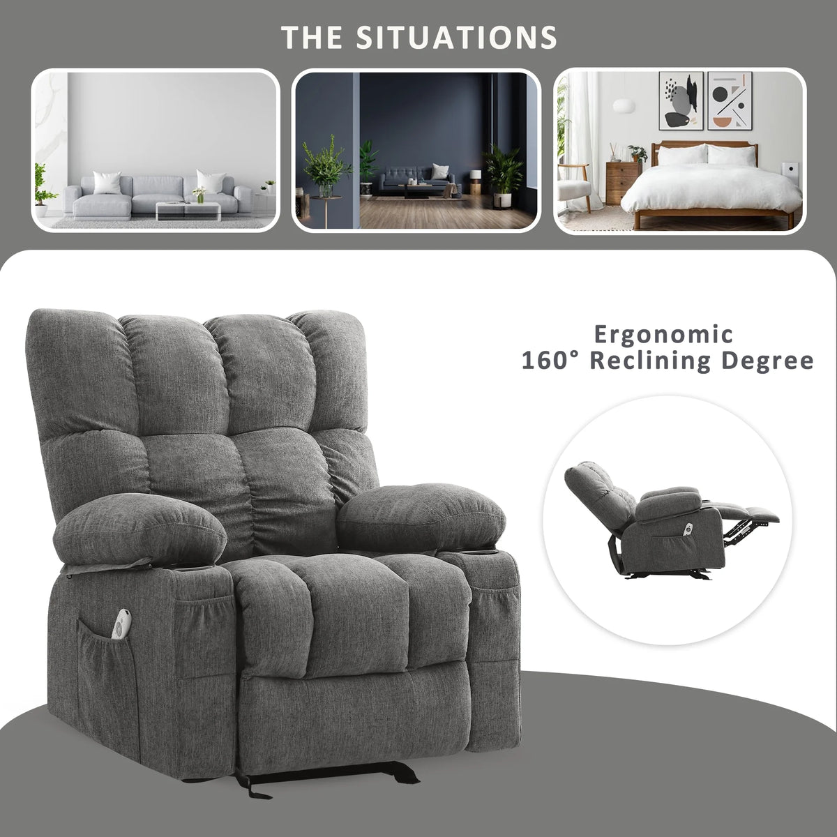 JONPONY Manual Recliner Chair with Heat Therapy and Massage Function. Heavy Duty Reclining Mechanism Massage Chair. Elderly Single Rocker Sofa with Cup Holders for Bedroom Home Theater. Grey