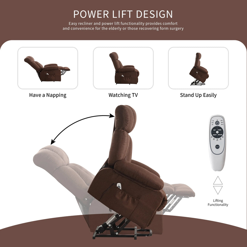 JONPONY Power Lift Recliner Chair Recliners for Elderly with Heat and Massage Recliner Chair for Living Room with Infinite Position and Side Pocket. USB Charge Port. Brown