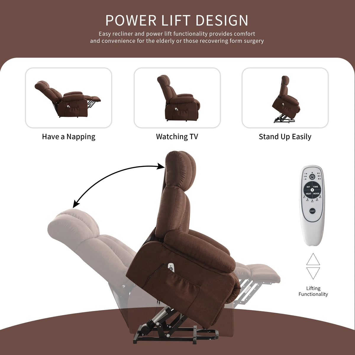 JONPONY Power Lift Recliner Chair Recliners for Elderly with Heat and Massage Recliner Chair for Living Room with Infinite Position and Side Pocket. USB Charge Port. Brown