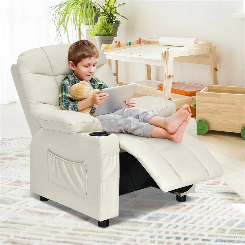 Kids Recliner Chair PU Leather Adjustable Lounge Sofa with Cup Holder. 3 Pockets & Retractable Footrest. Ergonomic Toddler Furniture Sofa
