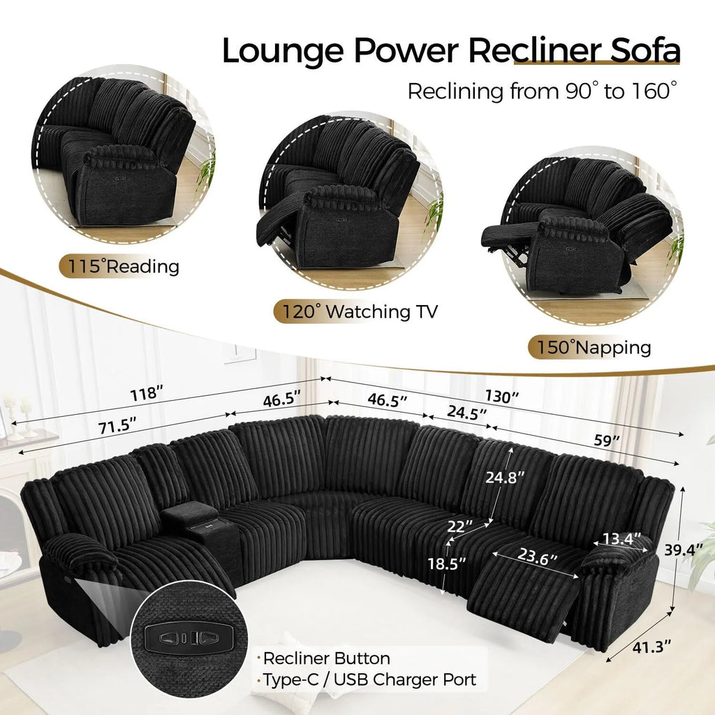 Power Reclining Sectional Sofa with Wireless Charger. 6 - Seater Faux Fur Sectional with Recliners. Hidden Cup Holders. Storage Console. USB & Type - C Ports. Black