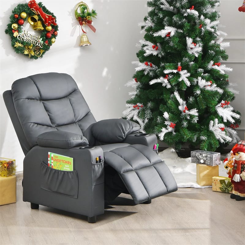 Kids Recliner Chair PU Leather Adjustable Lounge Sofa with Cup Holder. 3 Pockets & Retractable Footrest. Ergonomic Toddler Furniture Sofa