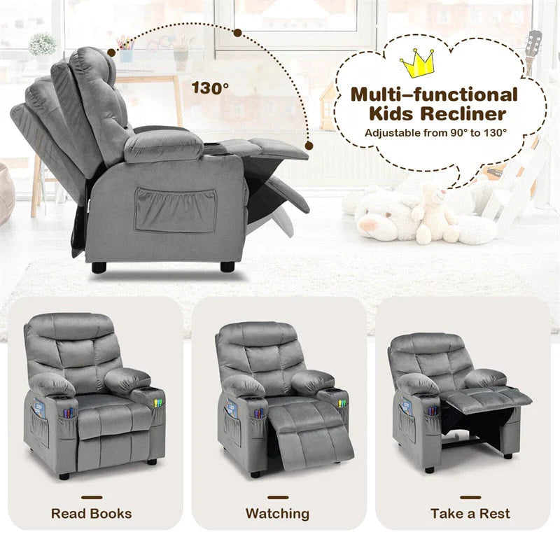 Kids Recliner Chair Adjustable Velvet Lounge Sofa with Cup Holders. 3 Pockets. Retractable Footrest. Toddler Furniture Sofa for Boys Girls Room