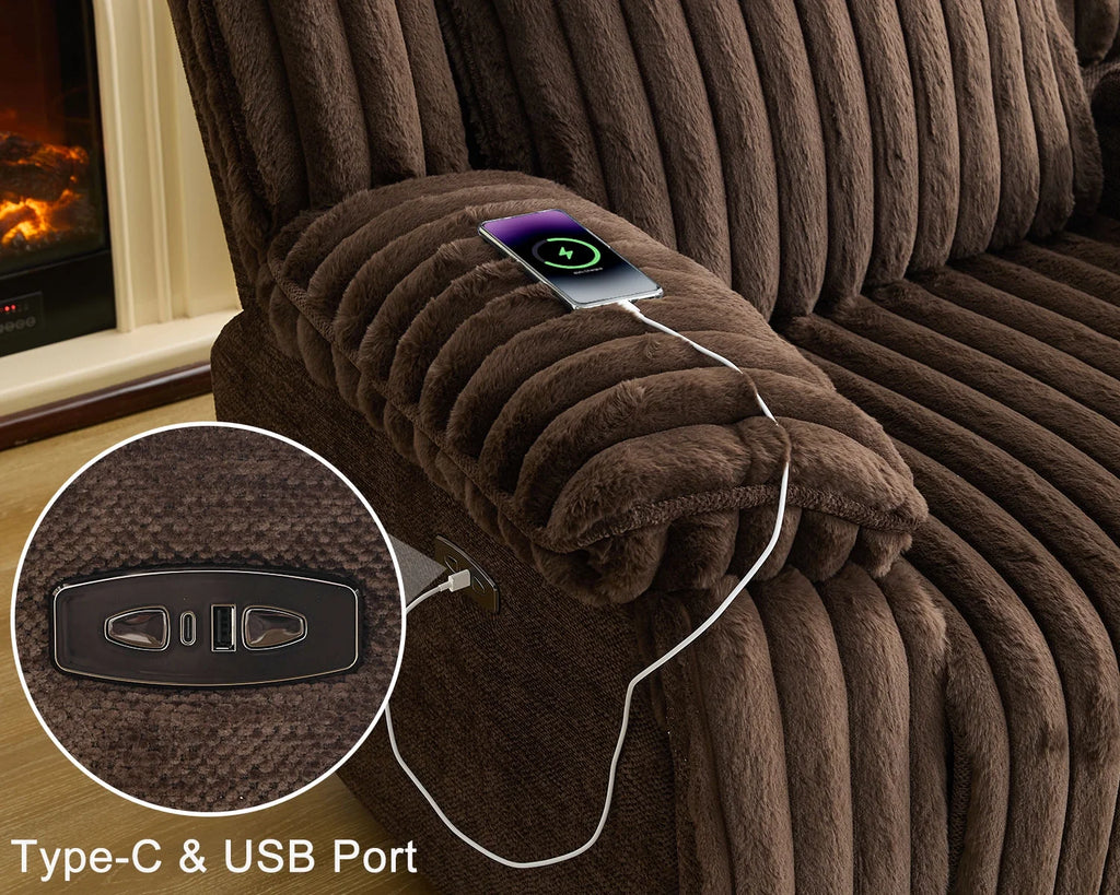 Power Reclining Sectional Sofa with Wireless Charger. 6 - Seater Faux Fur Sectional with Recliners. Hidden Cup Holders. Storage Console. USB & Type - C Ports. Black