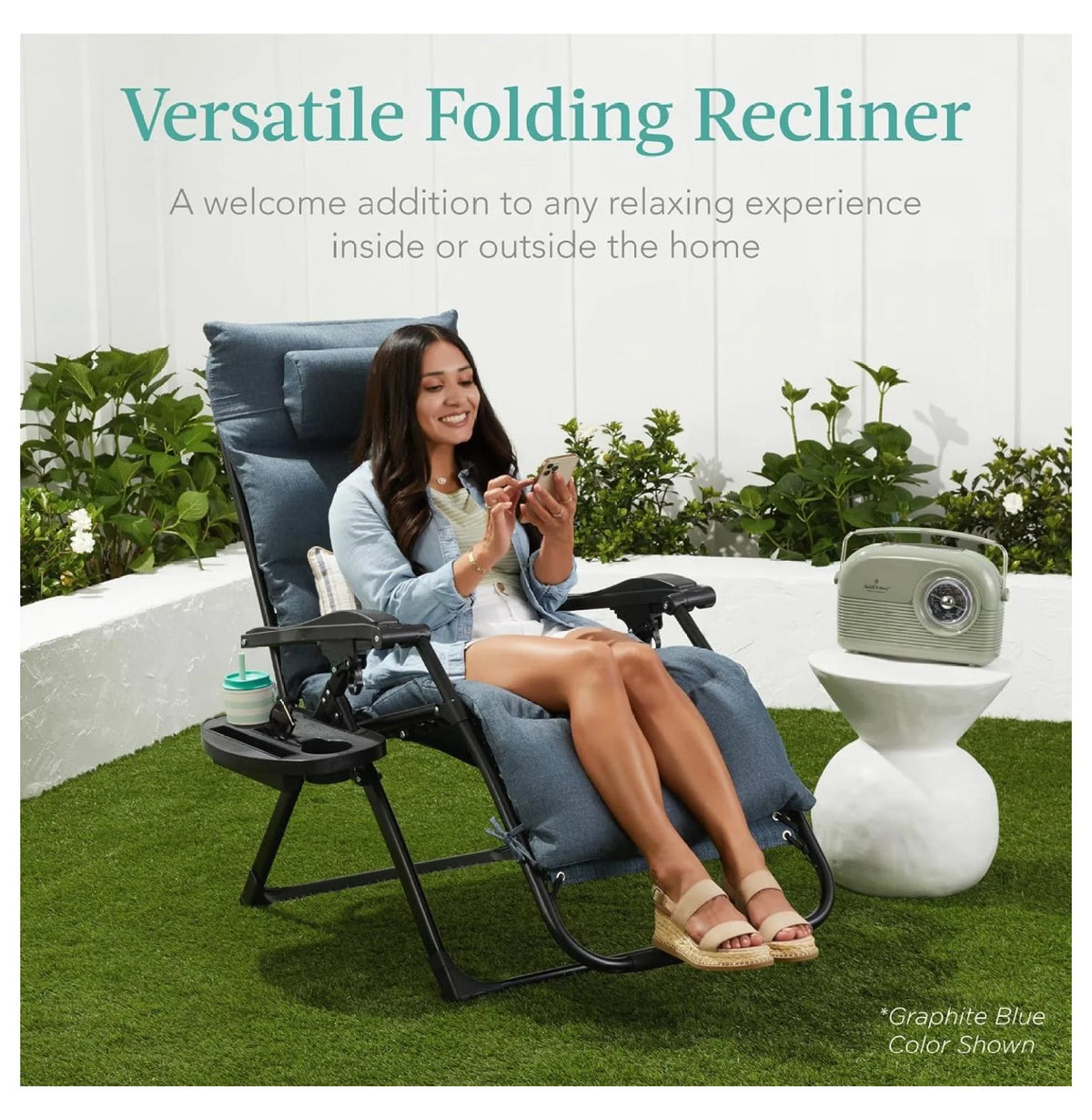 Oversized Chair. Folding Outdoor Patio Recliner. XL Anti Gravity Lounger W/Removable Cushion. Cup Holder. Side Tray. 350 lb Capacity - Taupe