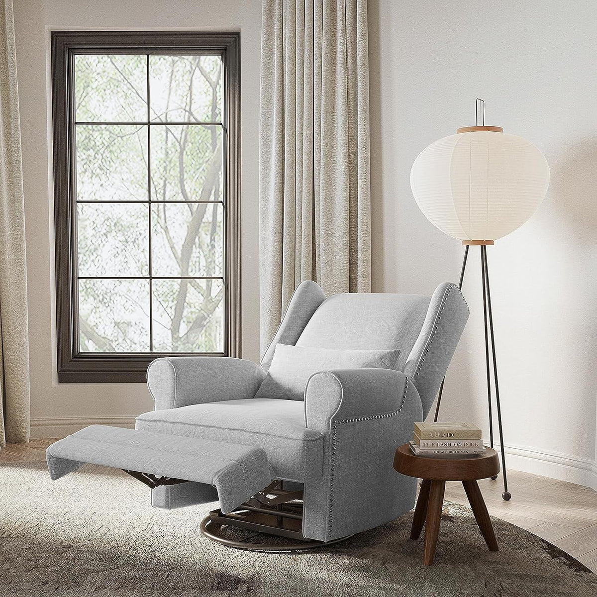 Royalcraft Swivel Nursery Glider Recliner. Comfy Upholstered Glider Chair with Lumbar Pillow and Footrest. Beige