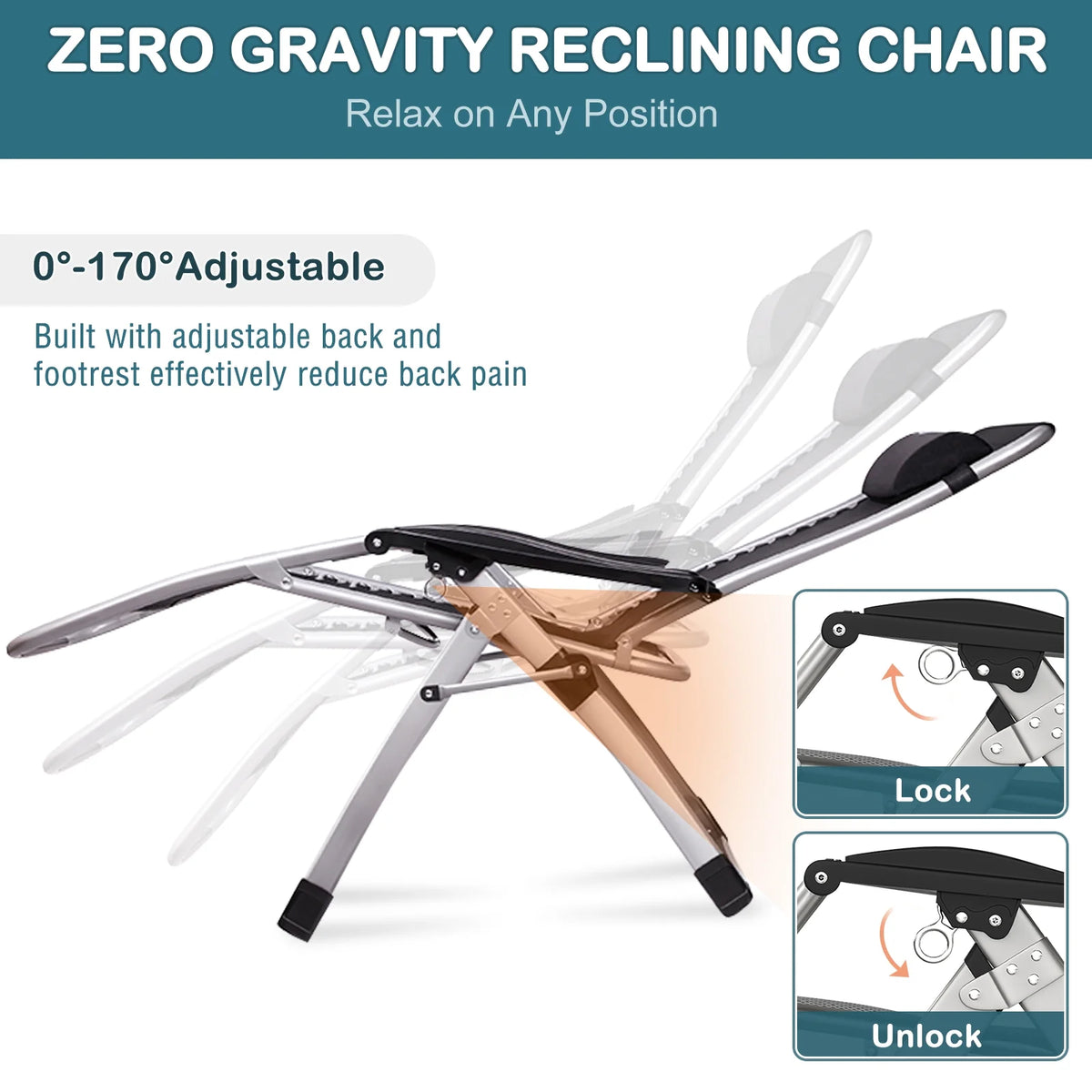 NAIZEA 2 Pack Zero Gravity Chair. Foldable Portable Lawn Recliner with Cushion. Headrest. Cup Holder. Black
