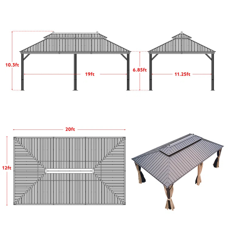 20 Ft. W x 12 Ft. D Hardtop Patio Gazebo. Outdoor Hardtop Gazebo with Double Roof