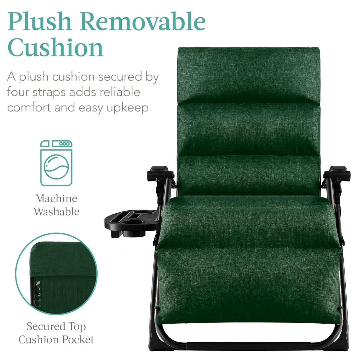 Oversized Chair. Folding Outdoor Patio Recliner. XL Anti Gravity Lounger W/Removable Cushion. Cup Holder. Side Tray. 350 lb Capacity - Taupe