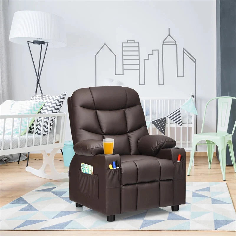 Kids Recliner Chair PU Leather Adjustable Lounge Sofa with Cup Holder. 3 Pockets & Retractable Footrest. Ergonomic Toddler Furniture Sofa