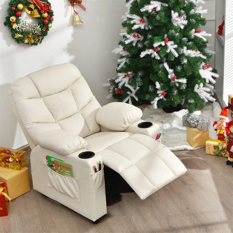 Kids Recliner Chair PU Leather Adjustable Lounge Sofa with Cup Holder. 3 Pockets & Retractable Footrest. Ergonomic Toddler Furniture Sofa