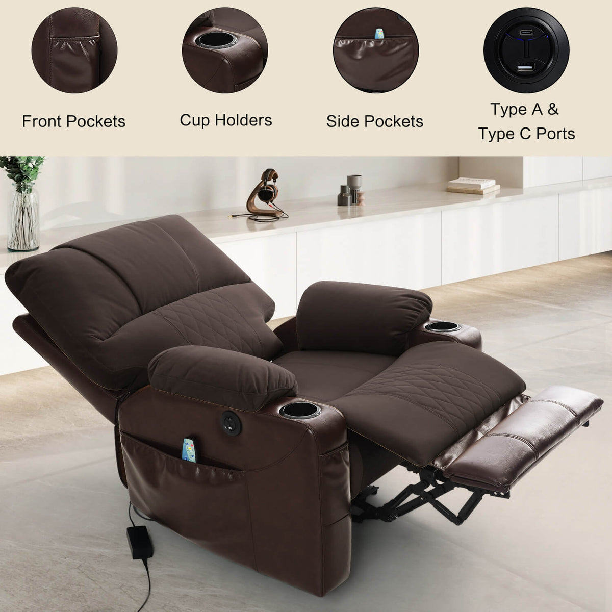 Power Recliner Chair with Heat and Massage. Wall Hugger