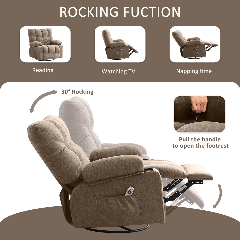 JONPONY Manual Recliner Chair with Heat Therapy and Massage Function. Heavy Duty Reclining Mechanism Massage Chair. Elderly Single Rocker Sofa with Cup Holders for Bedroom Home Theater. Grey