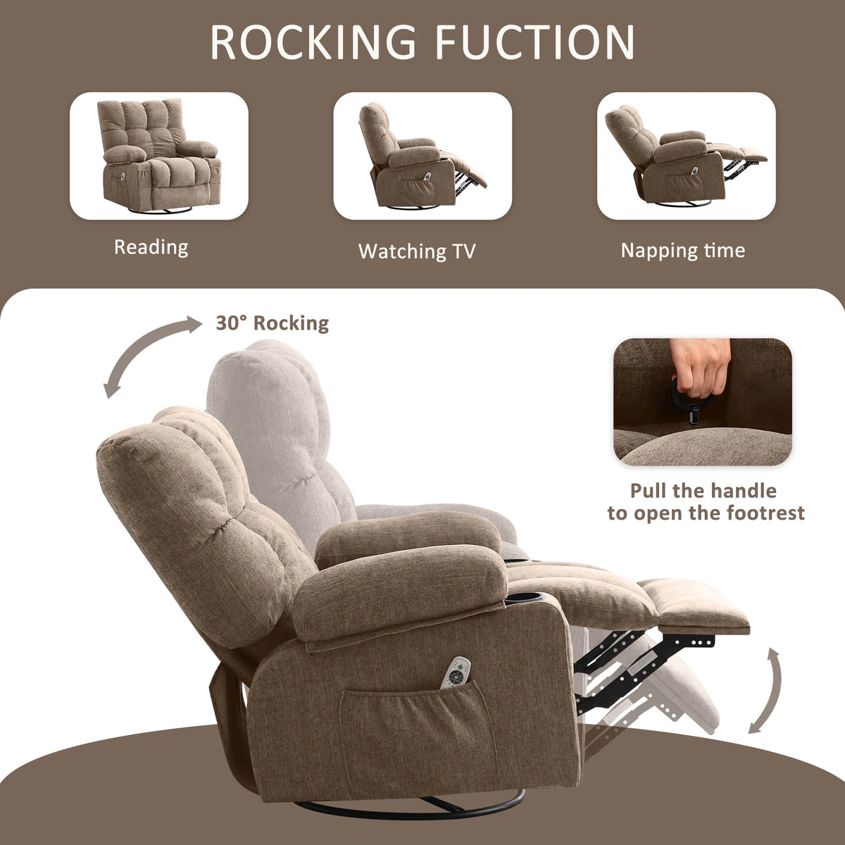 JONPONY Manual Recliner Chair with Heat Therapy and Massage Function. Heavy Duty Reclining Mechanism Massage Chair. Elderly Single Rocker Sofa with Cup Holders for Bedroom Home Theater. Grey